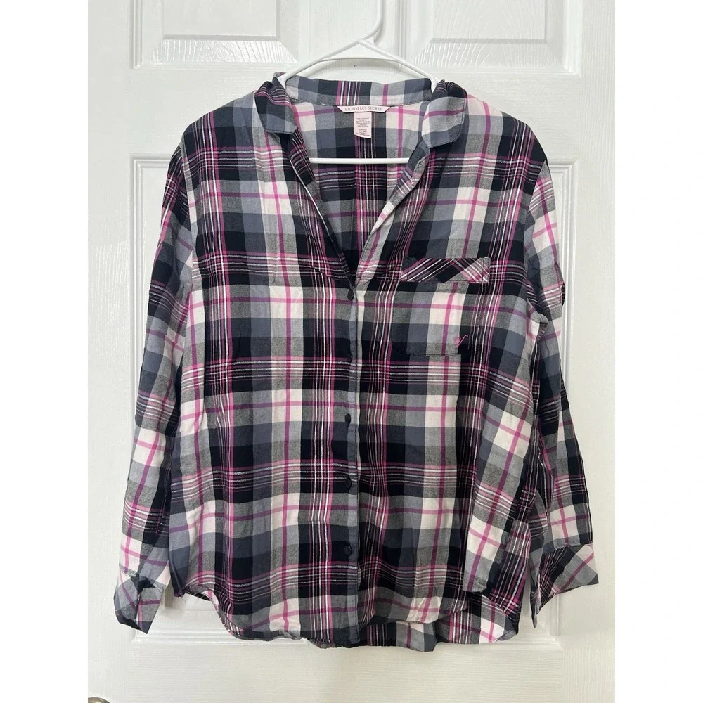 Victorias Secret 2PC Flannel Plaid Long Sleeve ButtonUp Shirt Pants Pink Black S
